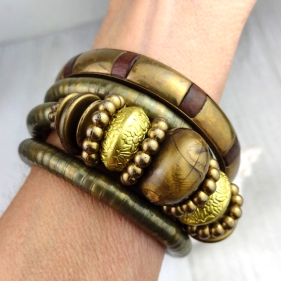 Brassy Boho Wood & Gold Tone-Bead Smooth Puka-Style Spiral Bangle Bracelet Combo - Picture 5 of 12